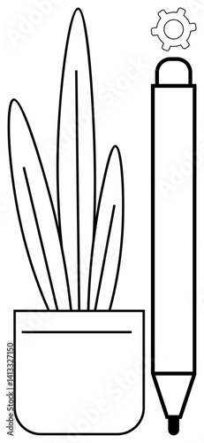 Potted plant beside stylus pen with a gear atop symbolizing growth, creativity, and productivity. Ideal for creativity, innovation, planning, mindfulness, productivity organization growth. Clean