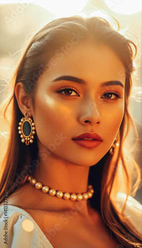 Obraz na płótnie Elegant Woman in Golden Sunset Light w salonie