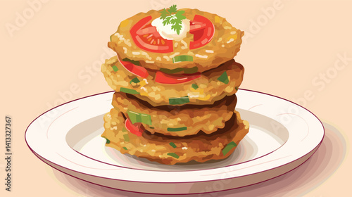 Stack of crispy vegetable fritters with sour cream garnish on a white plate flat vector illustration