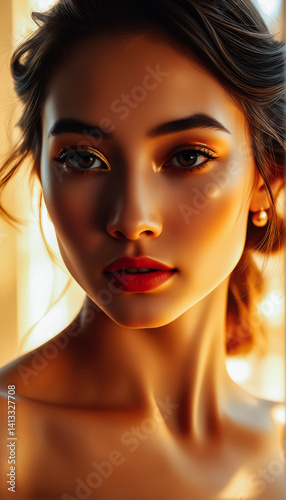 Obraz na płótnie Golden Light, Beautiful Woman's Portrait w salonie