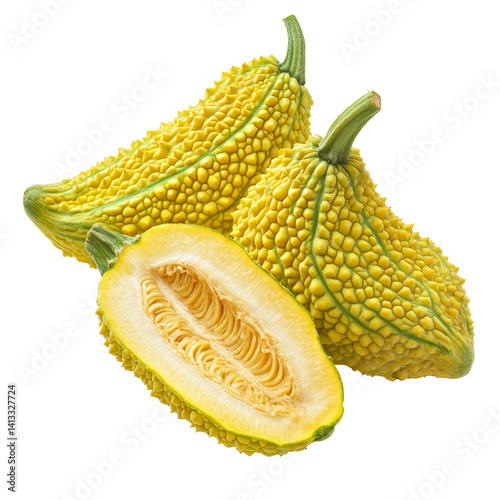 Fresh baby jackfruit and spiny bitter gourd displayed on a transparent background in natural lighting, Baby Jackfruit, Spiny Bitter Gourd, Sweet Grourd or Cochinchin Gourd on transparent background photo