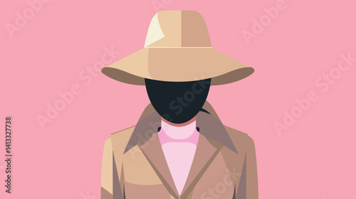 Anonymous figure in trench coat with wide-brimmed hat on pink background flat vector illustration