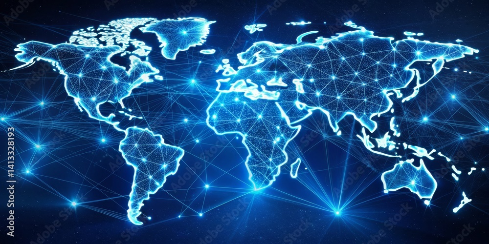 Fototapeta premium Global Network Connection - World Map with Glowing Lines and Dots, Network, Connectivity, Data, Global Network, connection, digital