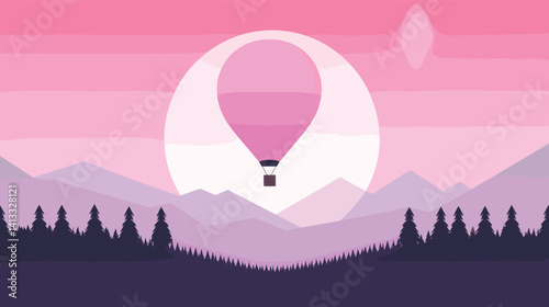 Pink hot air balloon floating over purple mountain landscape at sunset flat vector illustration