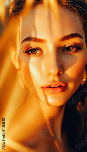 Obraz na płótnie Golden Light Illuminates Beautiful Woman's Face w salonie