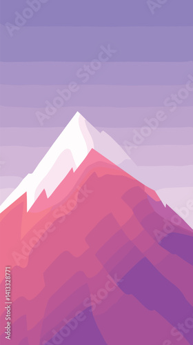 Abstract geometric mountain with snowy peak against purple gradient sky flat vector illustration