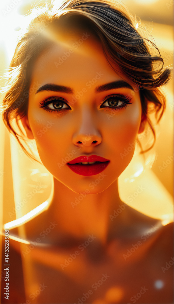 Beautiful Woman in Golden Sunlight Portrait
