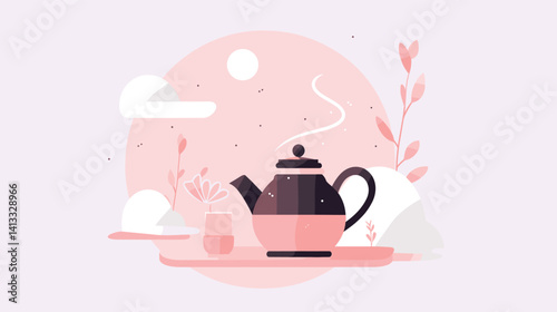 Minimalist tea kettle and cup illustration with soft pink tones and nature elements flat vector illustration