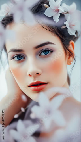 Beautiful Woman with Soft Makeup and Floral Crown