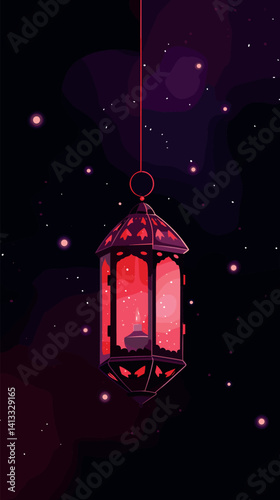 Red lantern against starry night sky with abstract patterns flat vector illustration