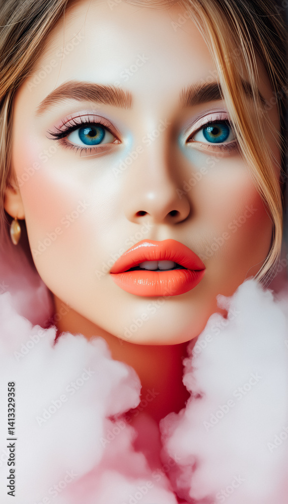 Close-up Portrait of a Woman with Colorful Makeup and Cotton Candy Clouds