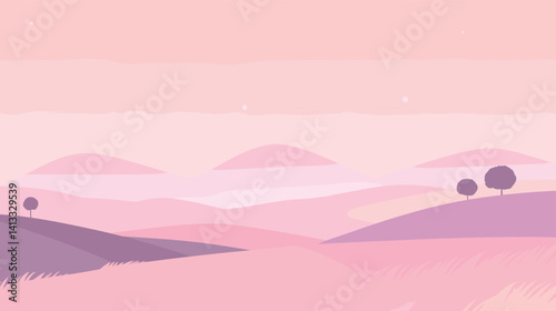 Minimalist pastel landscape with hills and trees in soft pink tones flat vector illustration