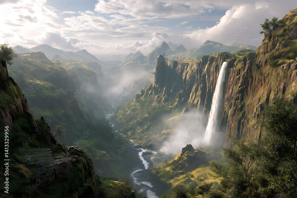 Fototapeta premium Beautiful panorama featuring iconic waterfall, misty environment, and scenic landscapes