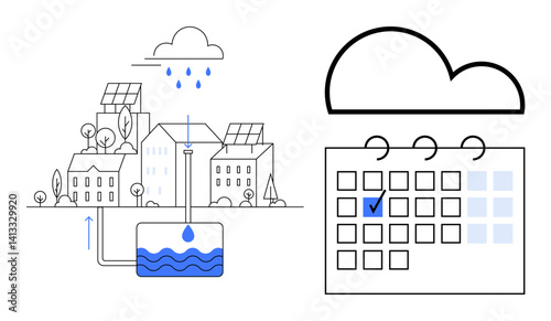 Urban community with solar-powered houses and rainwater harvesting system connected to a storage tank. Calendar with marked date emphasizes planning. Ideal for water conservation, sustainability