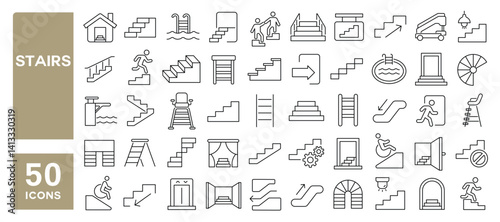 Set of 50 line icons related to stairs, staircase, upstairs, step, climb, downstairs, escalator, stairway, ladder, stairwell, Editable stroke. Vector illustration