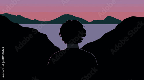 Silhouette of person at sunset by mountainous lake flat vector illustration