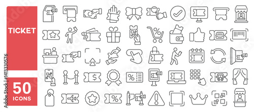 Set of 50 line icons related to ticket, pass, event, vip, qr code, permission, coupon, offer, ticket machine, Editable stroke. Vector illustration