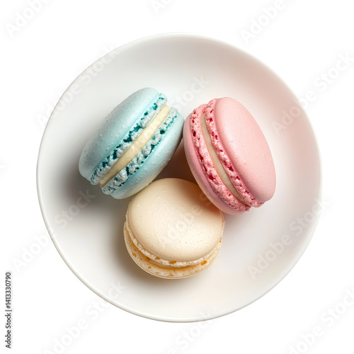 Three colorful macaroons elegantly arranged on a simple transparent plate against a clean background, macaroon in a plate on transparent background