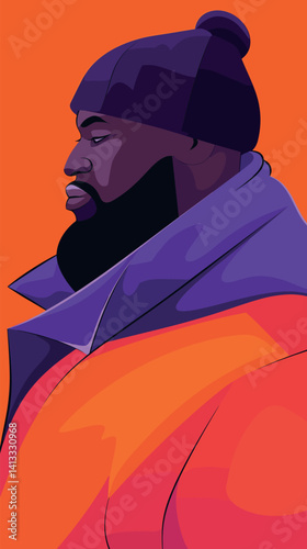 Stylized portrait of african male adult in bold outfit and beanie on orange background flat vector illustration