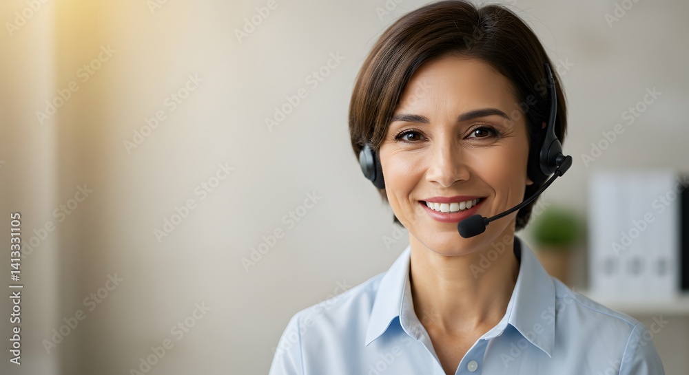 Smiling woman with headset: Customer service representative providing support with professional demeanor