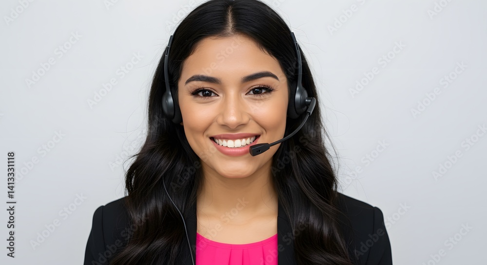 Smiling woman with dark hair wearing a headset. She's friendly and ready to assist with customer service. Smiling woman with dark hair wearing a headset. She's friendly and ready to assist with customer service.