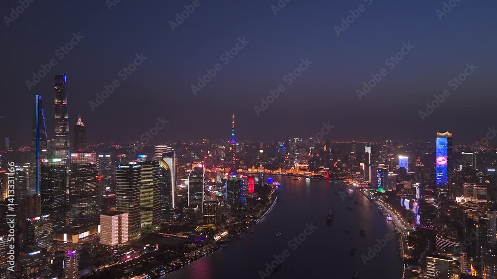 4K Real Time Aerial view of Shanghai skyline with winding river in downtown at night 4K Real Time Aerial view of Shanghai skyline with winding river in downtown at night