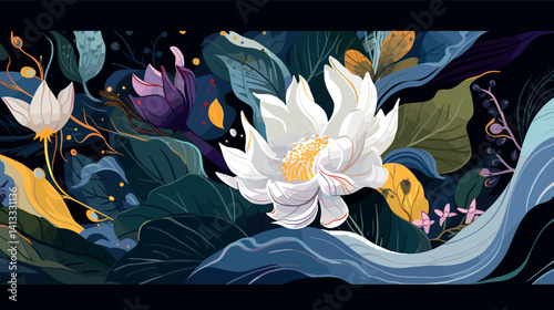 Abstract botanical artwork with white lotus and colorful leaves flat vector illustration