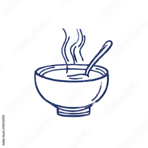 Hand-drawn steaming soup bowl with spoon with no background