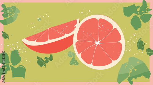 Fresh grapefruit slices with green leaves on a lime background flat vector illustration