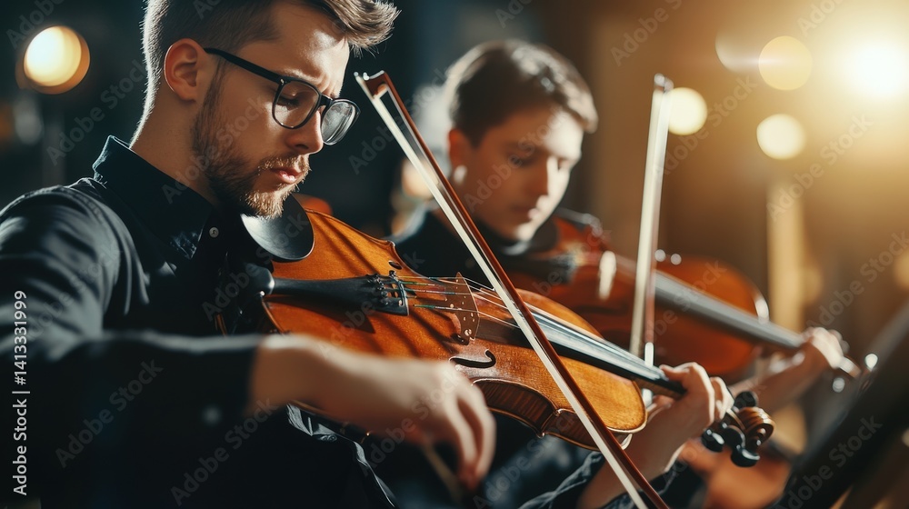 Fototapeta premium Two violinists engrossed in a harmonious performance.