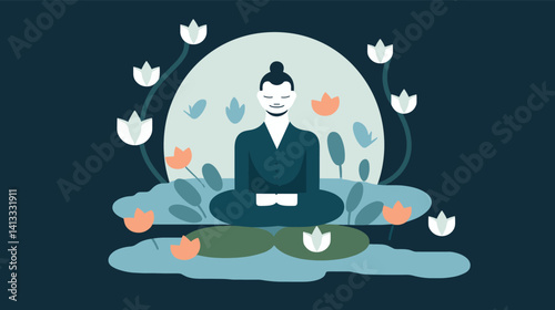 Calm asian female meditating in a lotus garden with tranquil flowers and moonlit background flat vector illustration