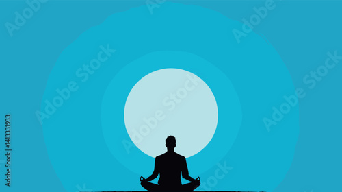 Silhouette of a person meditating against a blue background with a circle flat vector illustration