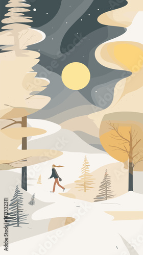 Minimalist winter landscape with female silhouette under moonlit sky flat vector illustration
