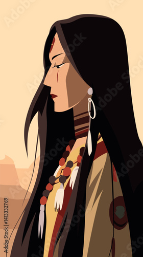 Caucasian female portrait in traditional attire with long hair flat vector illustration