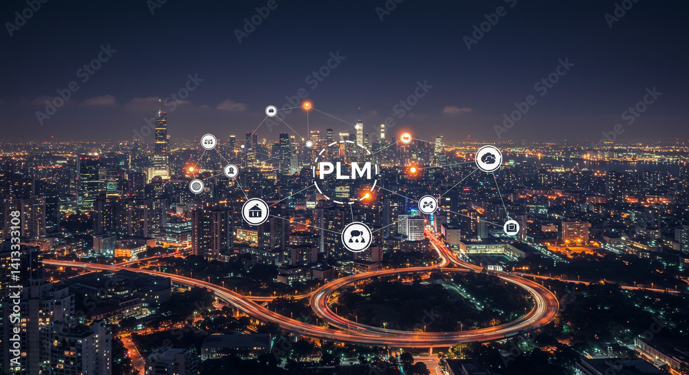 Fototapeta premium PLM connects a smart city at night showcasing digital transformation and technological innovation