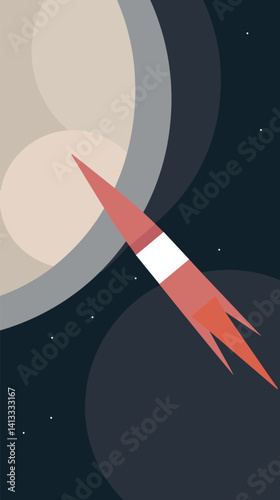 Retro rocket in space approaching planet - minimalist digital art flat vector illustration