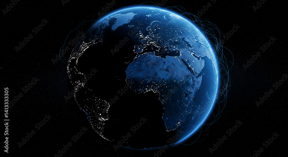 custom made wallpaper toronto digitalEarth at Night Global Connections City Lights Sparkle in Deep Blue Hues