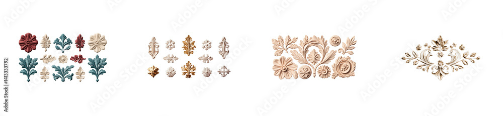 Decorative floral motifs on a transparent background for crafts