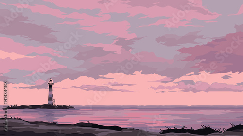 Serene coastal sunset with lighthouse and vibrant pink sky reflections on calm ocean flat vector illustration