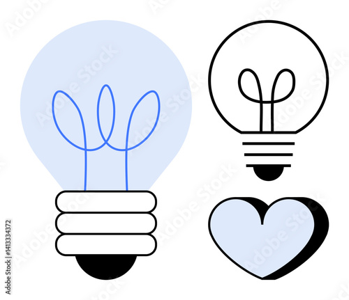 Lightbulbs with leaf-shaped filament and heart symbol evoke innovation, eco-friendliness, and love. Ideal for sustainability, energy, creativity, environment, ideas inspiration and minimalism. Flat