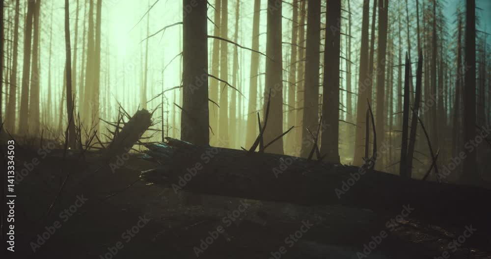 Early morning light filters through a forest of charred trees, revealing a landscape marked by a recent fire. The sunlight creates a haunting yet beautiful atmosphere in the burned area.