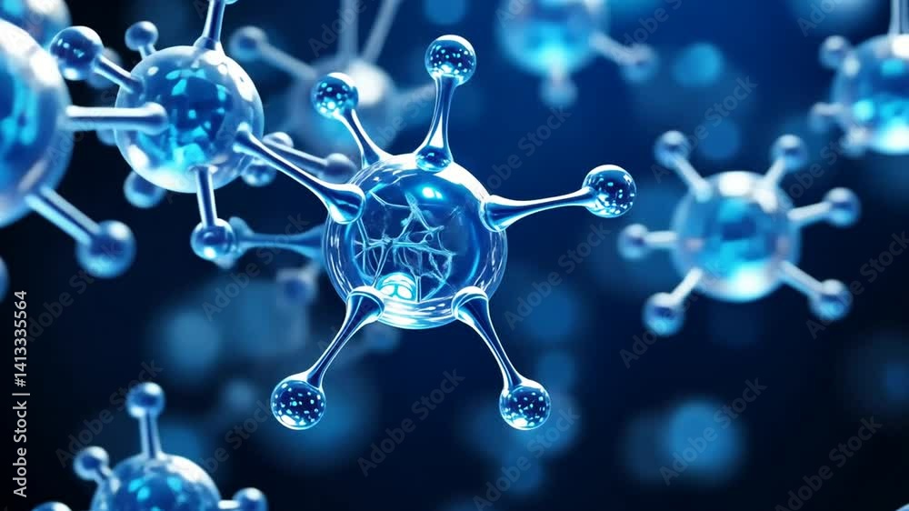 Blue transparent molecule model over blue