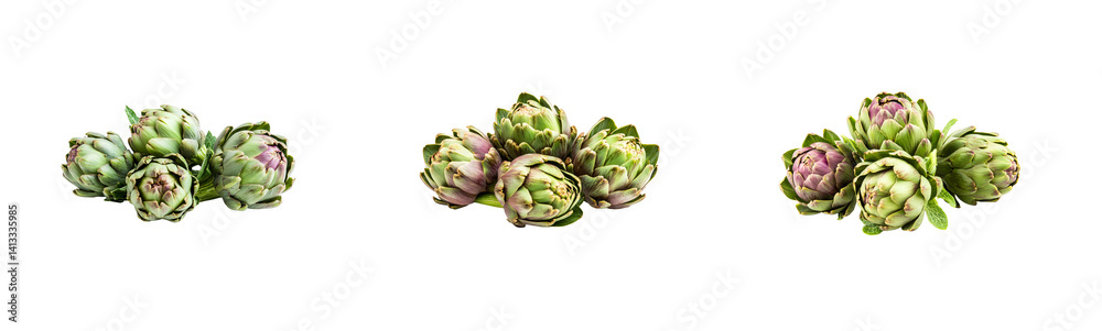 Fototapeta premium Artichoke bunches composition on black, fresh ingredients , cut out transparent