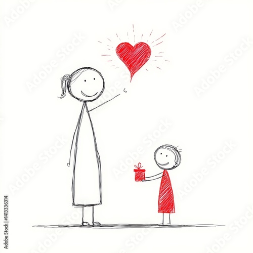 A child offers a gift of love to their parent, symbolized by a heart and a beautiful present.