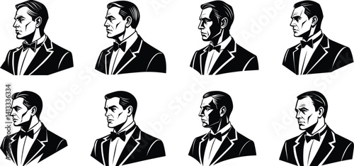 Vintage Male Profile Vector Set in Tuxedo – Retro Gentleman Silhouette Illustrations