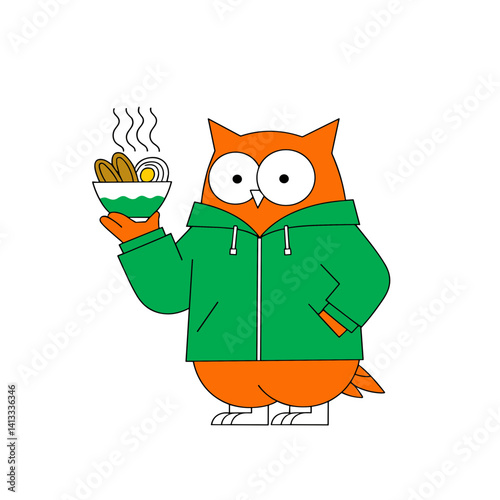 Isolated orange owl in green jacket joyfully serving ramen on white background, perfect for blogs, greeting cards, and educational materials