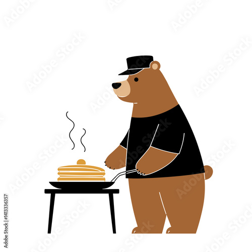 Brown bear in black uniform flipping pancakes at food truck festival  