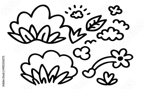 Hand-Drawn Nature Elements Clouds, Bushes, Flowers, and Leaves - Simple Line Art Illustrations
