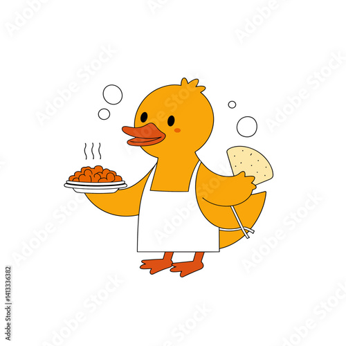 Isolated cheerful duck serving curry and flatbread with a smile on white background, ideal for food blogs, greeting cards, or educational materials