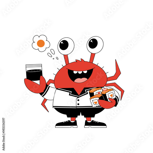 Isolated cheerful crab holding sushi and drink with joyful expression on white background, ideal for food blogs, educational materials, and restaurant promotions